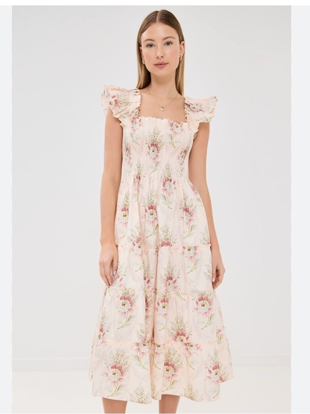 Hill House Cream Floral Smocked Midi Dress